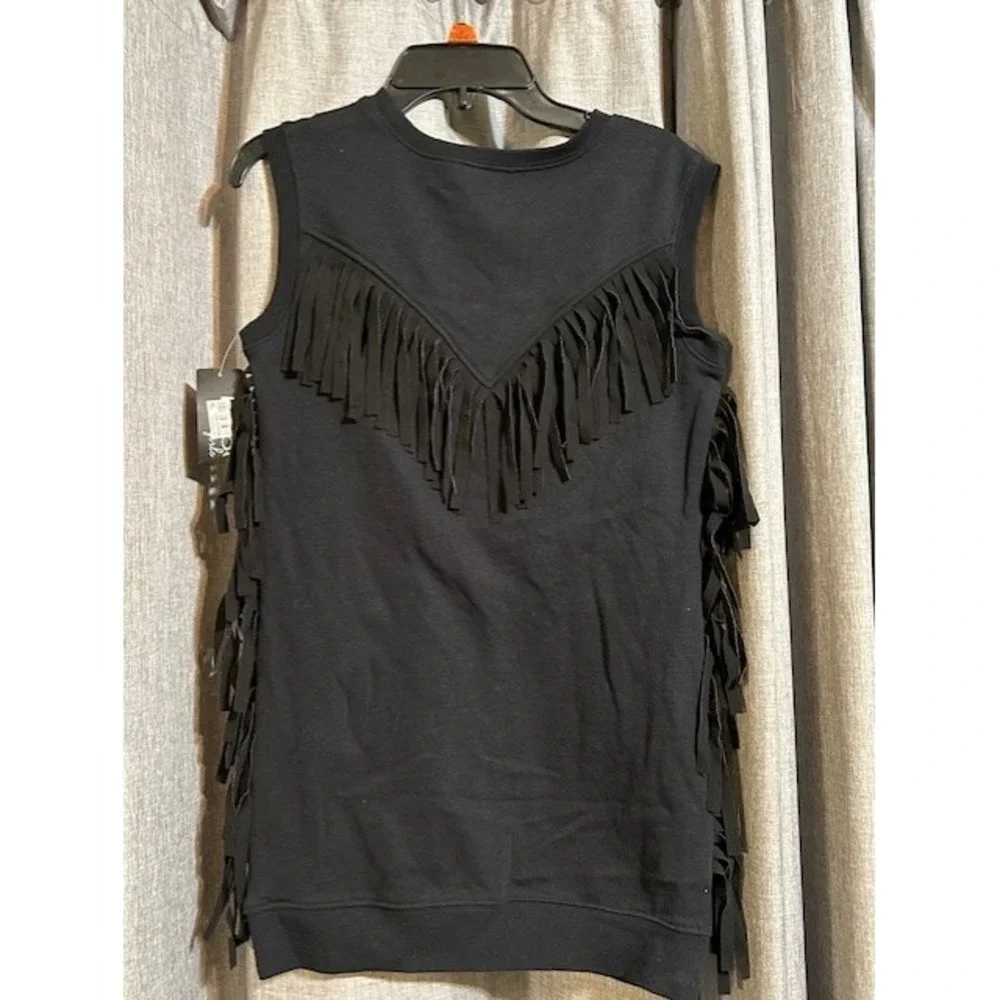 NWT BEBE Girls Black 10/12 Western Glitter Spellout Fringed Goth Goblin Boho Top